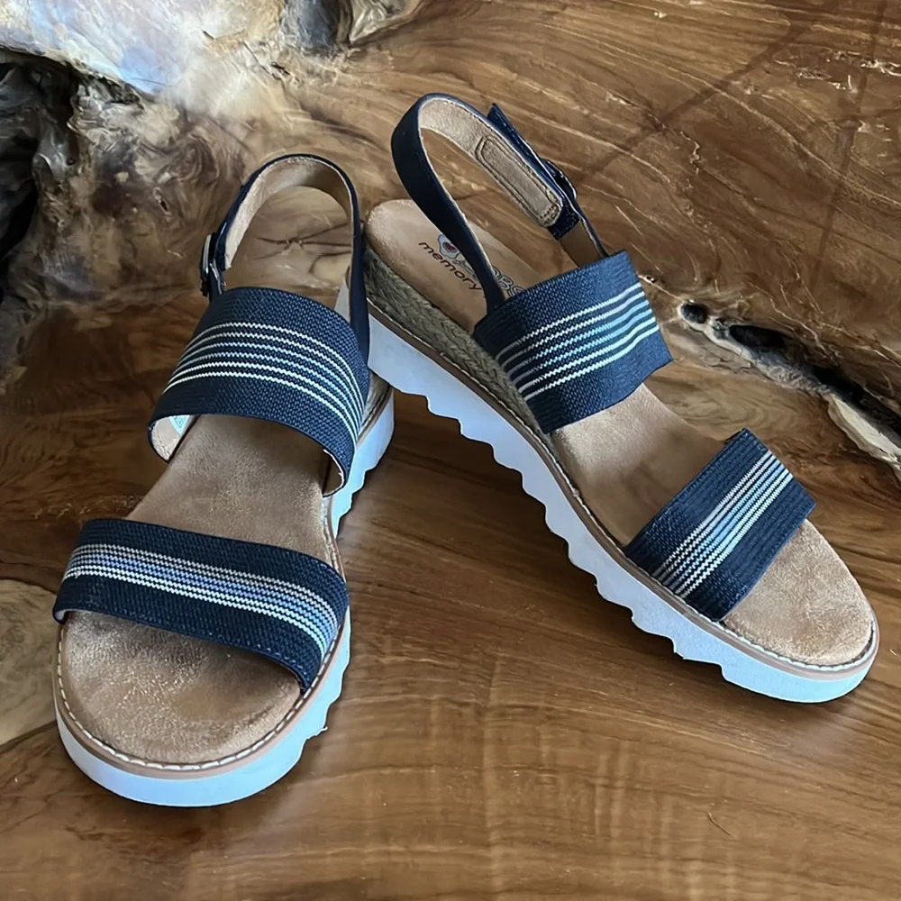 BOBS from Skechers Navy and White Striped Wedge Sandals